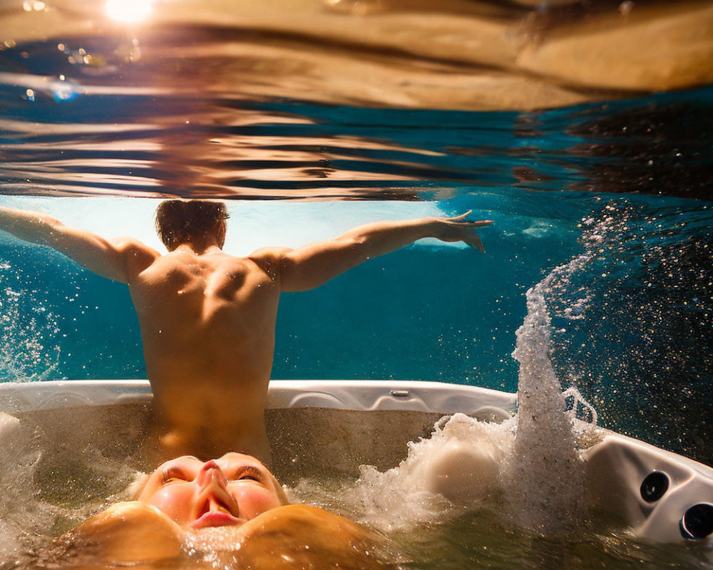 Person floating on back in clear water with sunbeams from underwater view