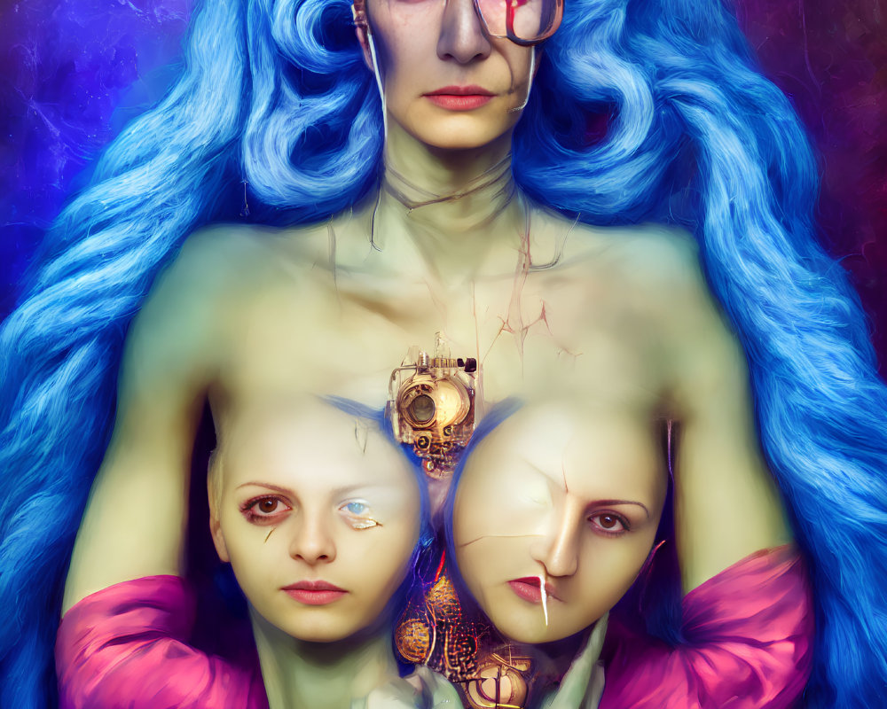 Surreal portrait of person with blue hair and steampunk goggles