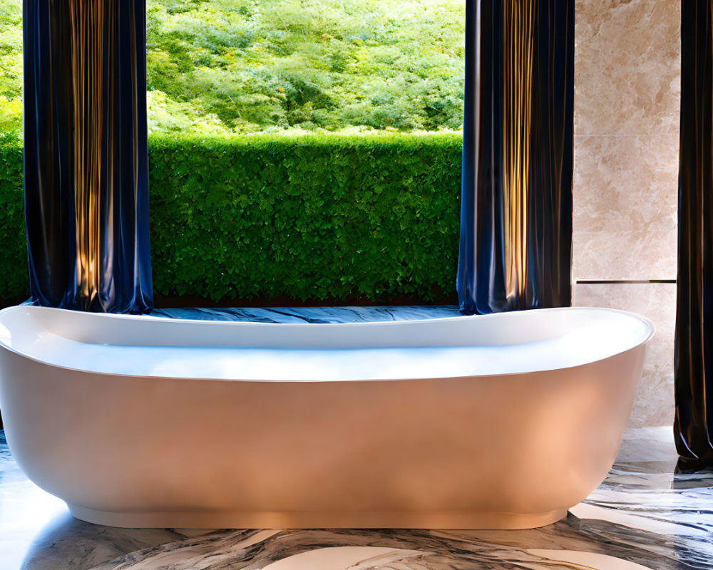 Luxurious Freestanding Bathtub in Marble-Tiled Bathroom with Garden View