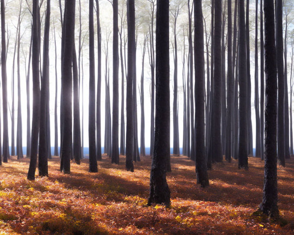 Misty forest scene with bare tree trunks and orange leaves carpet