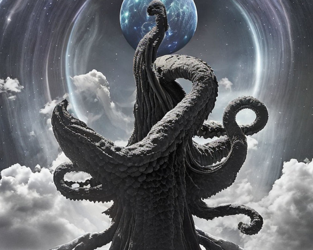 Giant octopus-like creature with swirling tentacles in cosmic scene