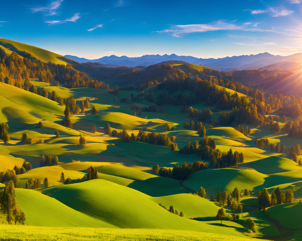 Scenic landscape with green hills, trees, mountains, and sunset sky