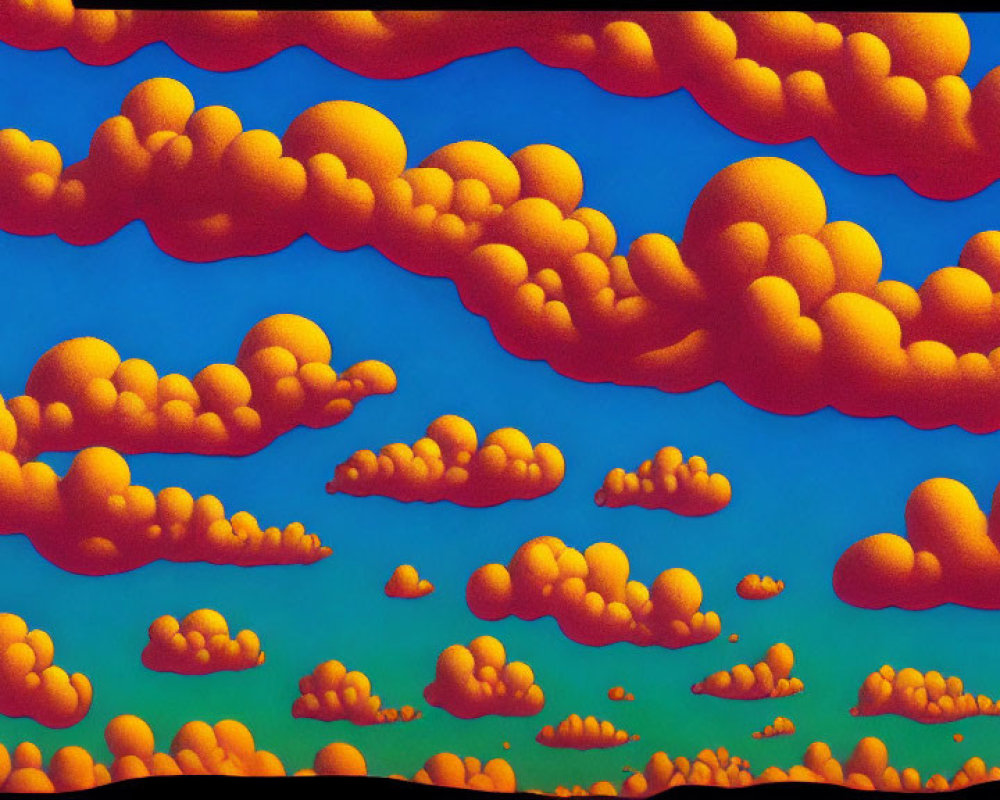 Colorful painting: Fluffy orange clouds in turquoise sky