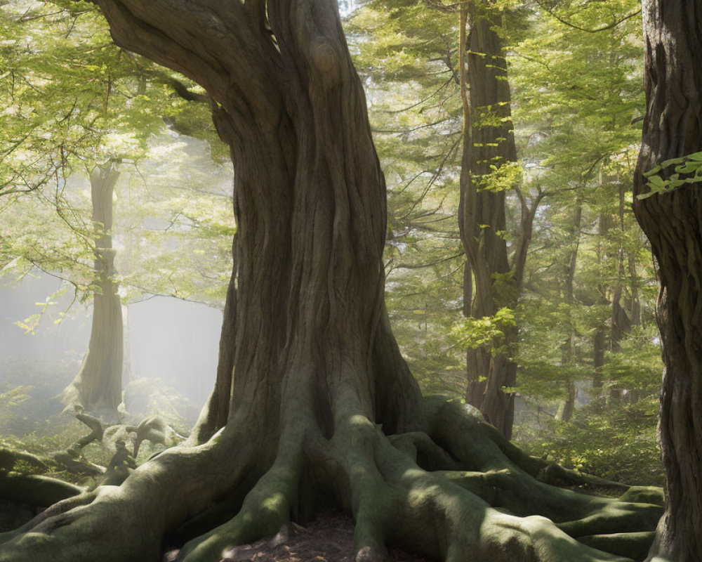 Ancient tree with sprawling roots in misty forest landscape