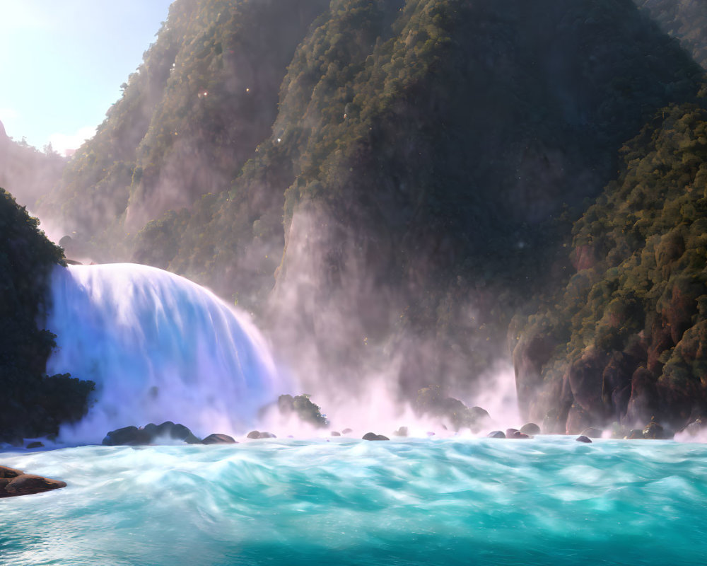 Majestic waterfall flowing into serene blue river surrounded by lush greenery