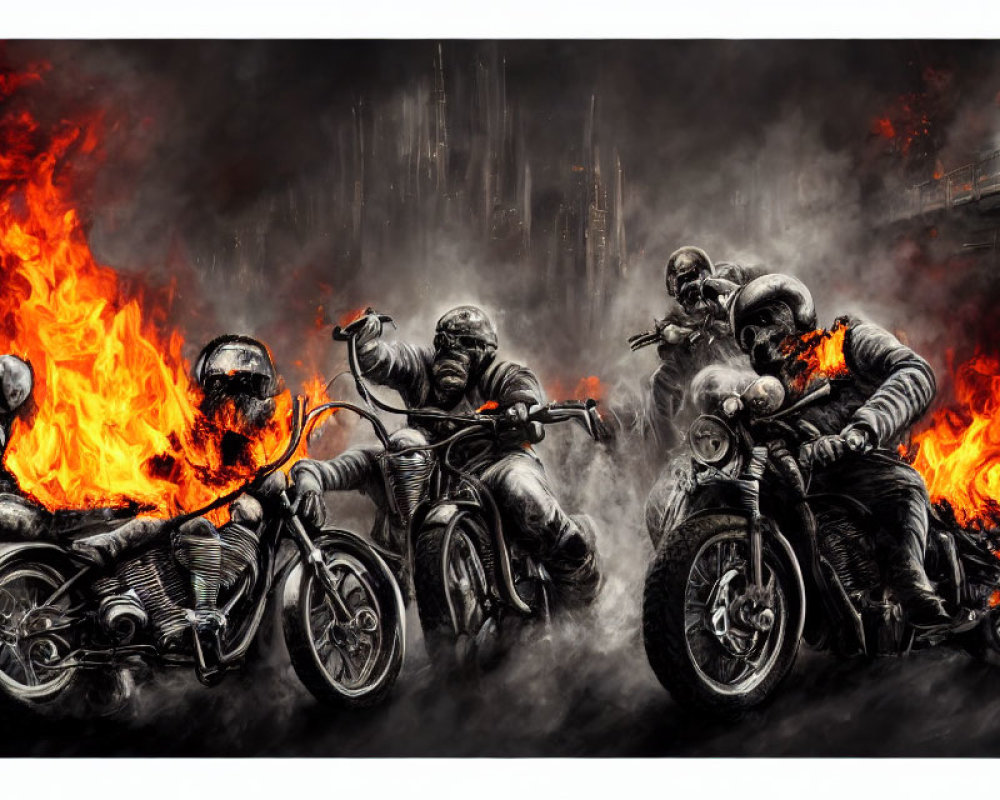 Three Motorcyclists Riding Through Flames and Smoke in Intense Scene