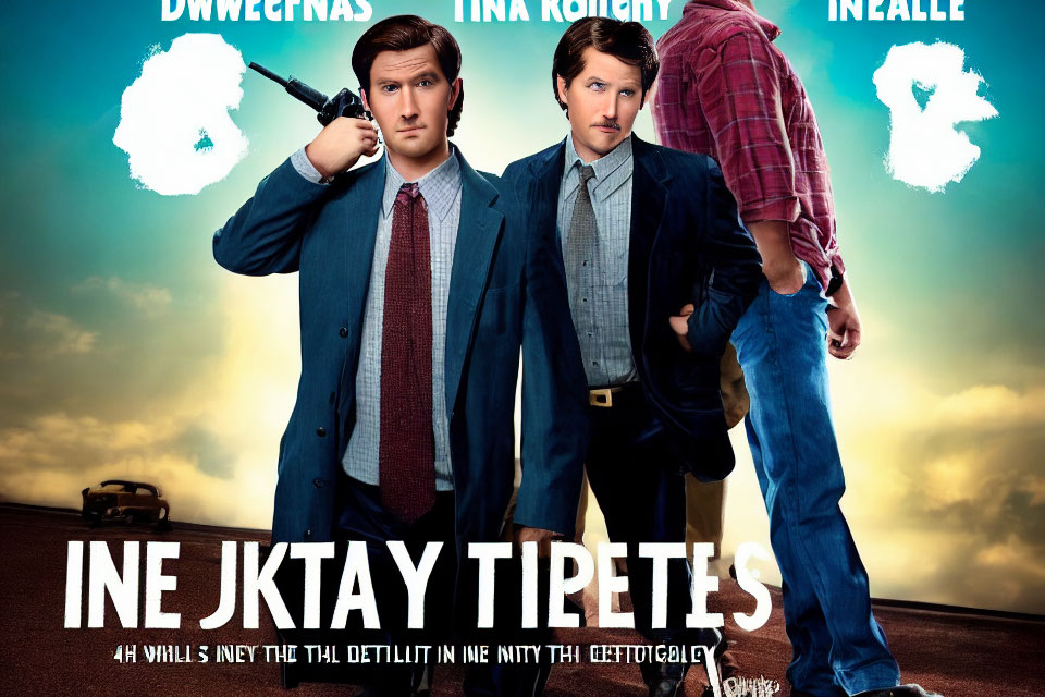 Three actors in humorous movie promo pose: one with phone and gun, another confused, third peeking