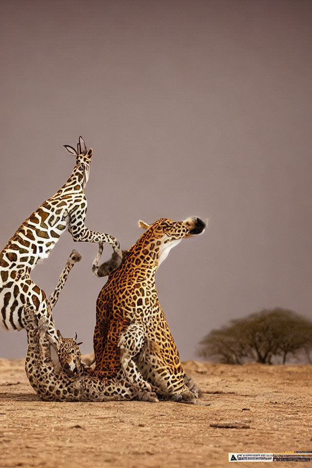 Jaguar ambushes giraffe in dusty savanna scene