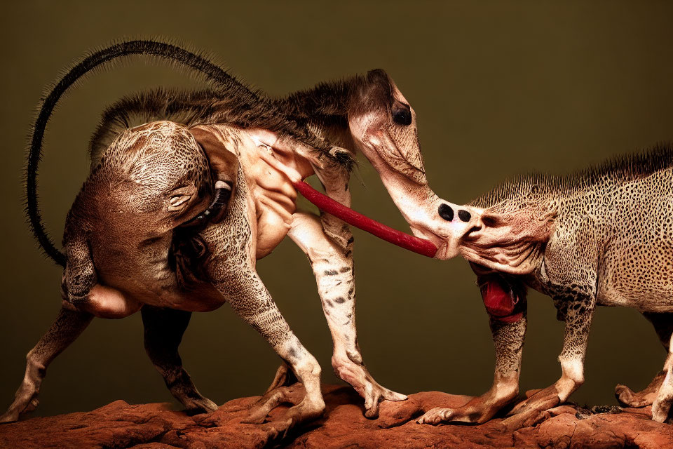 Antelopes battling, locking horns on rocky surface.