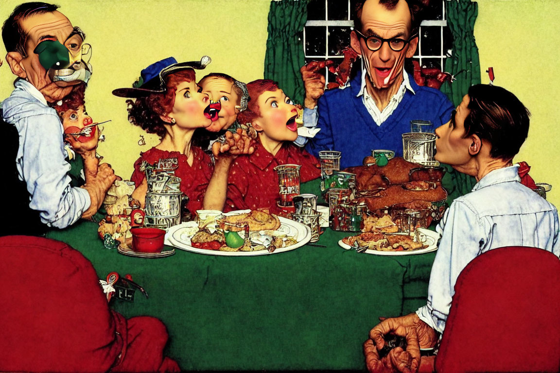 Family Festive Meal Caricature Illustration