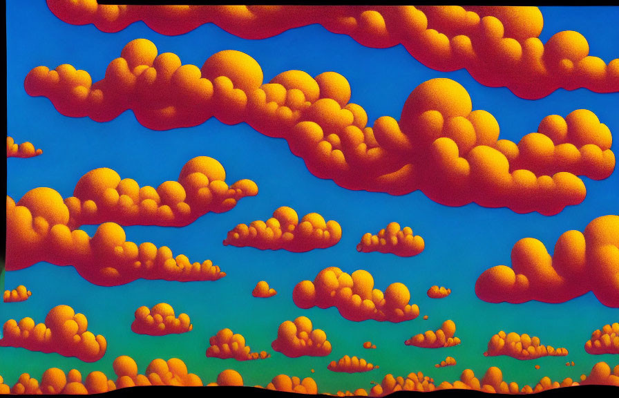 Colorful painting: Fluffy orange clouds in turquoise sky