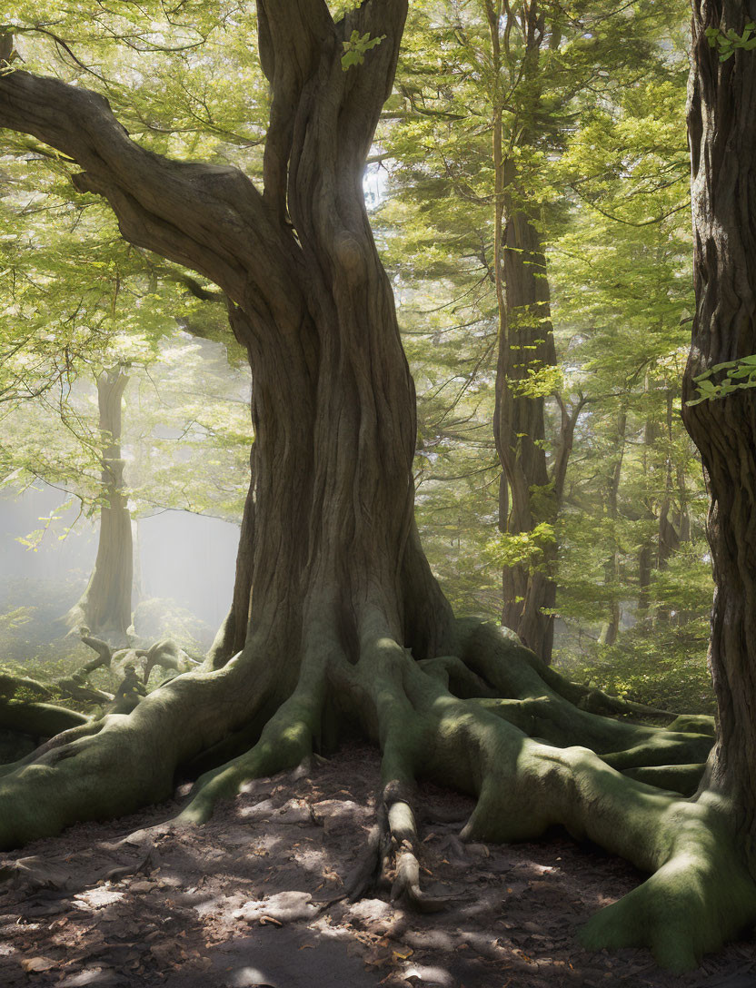 Ancient tree with sprawling roots in misty forest landscape
