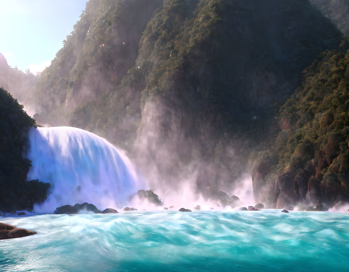 Majestic waterfall flowing into serene blue river surrounded by lush greenery
