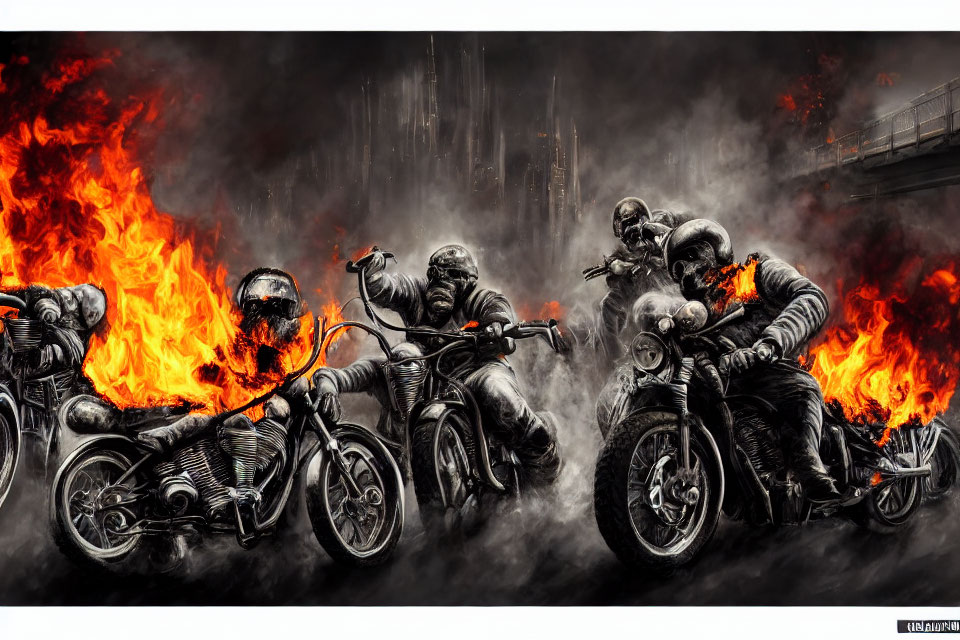 Three Motorcyclists Riding Through Flames and Smoke in Intense Scene