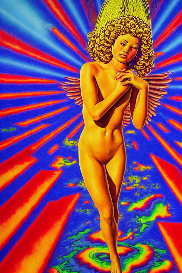 Colorful Psychedelic Background with Nude Angelic Figure