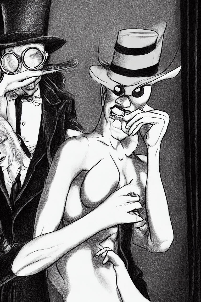 Monochrome illustration of stylized figures with top-hatted character and faceless individuals.