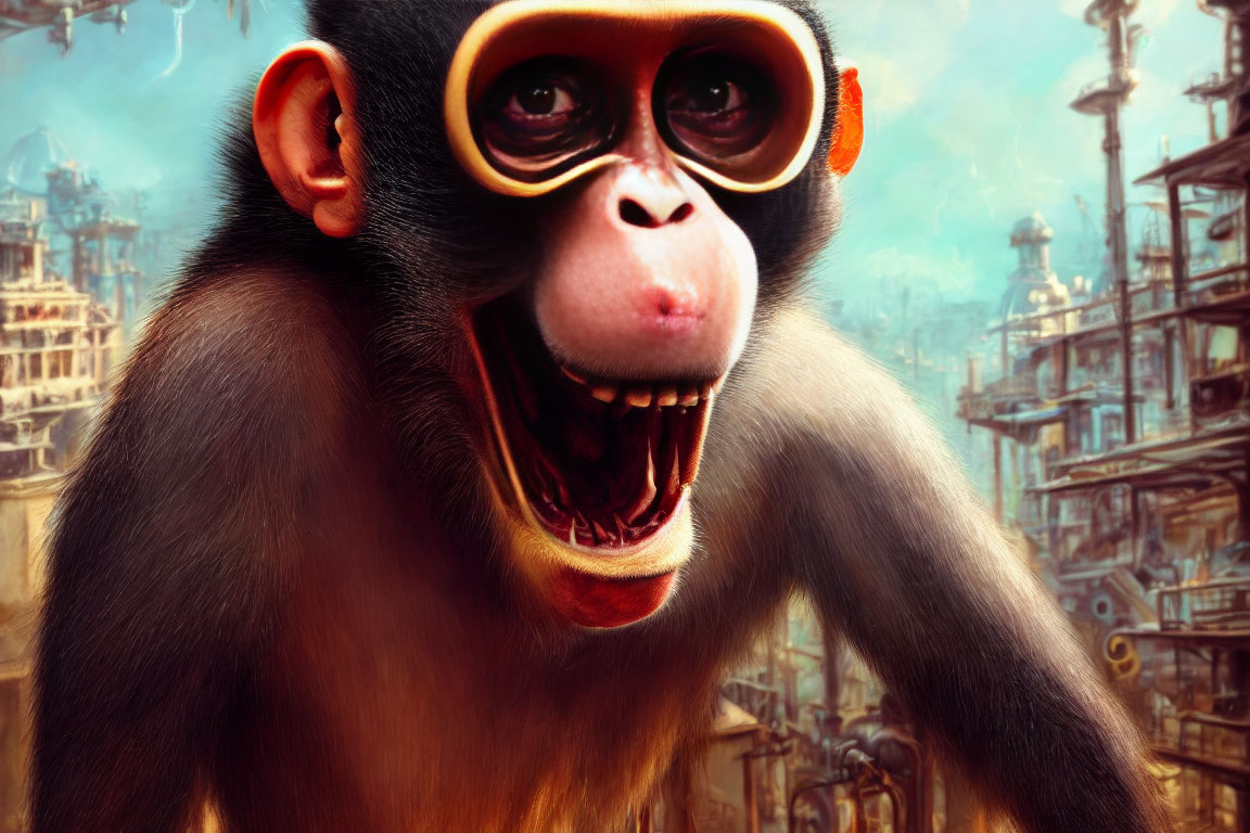 Digitally-rendered monkey in orange sunglasses with futuristic cityscape.