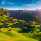 Scenic landscape with green hills, trees, mountains, and sunset sky