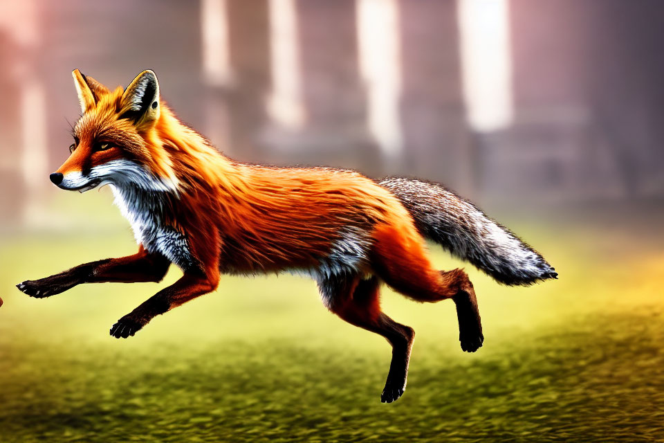 Red Fox Mid-Leap in Misty Woods and Sunlit Meadow