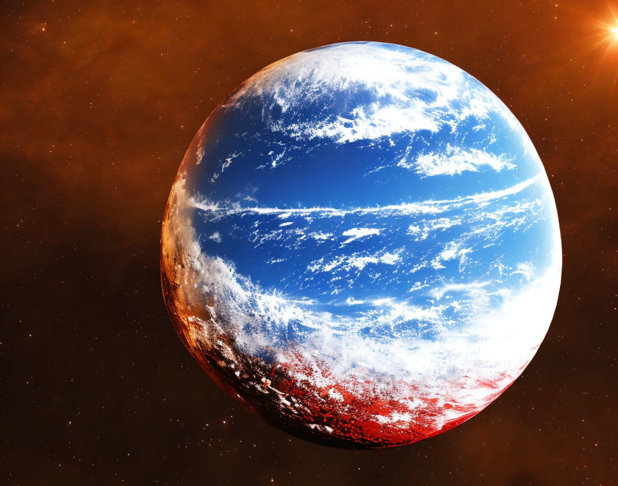 Digital artwork: Planet with blue skies, white clouds, red terrain, starry space background.