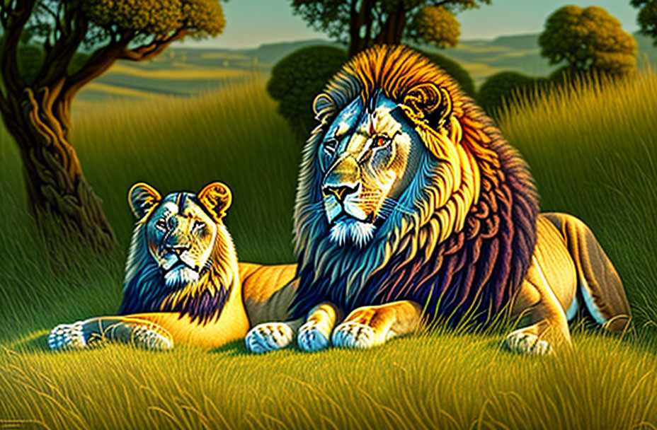 Male and female lions resting on green plain with rolling hills in the background