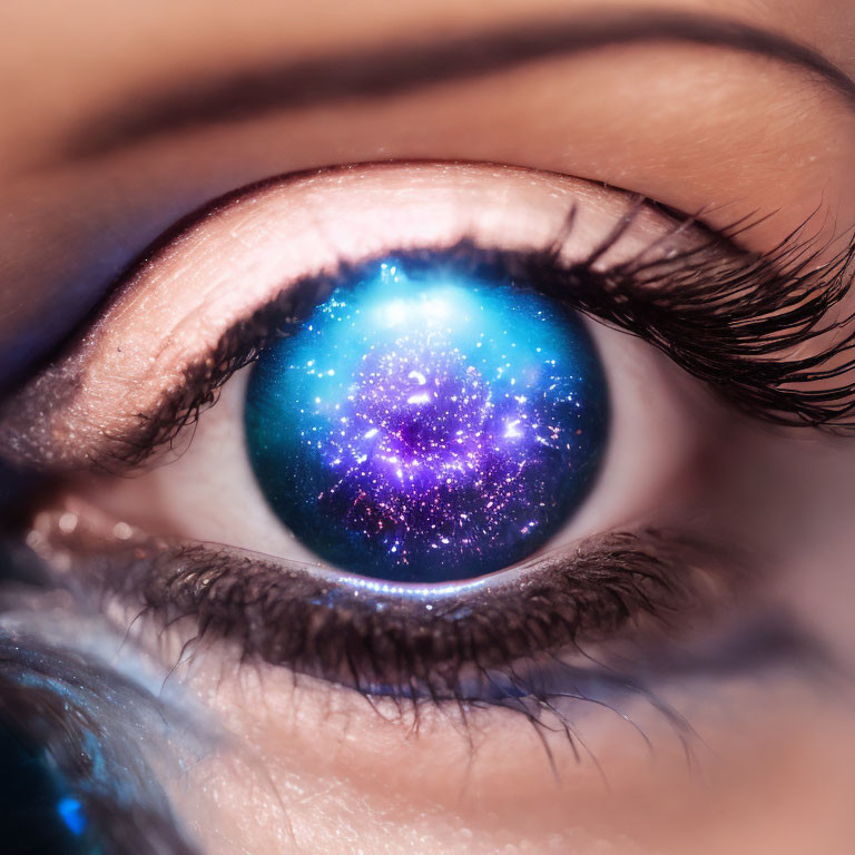 Detailed Close-Up of Galaxy Reflected in Eye with Long Eyelashes