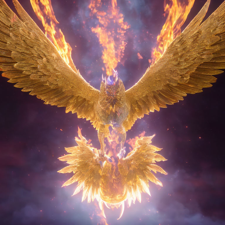 Majestic fiery phoenix with glowing wings in starry night sky