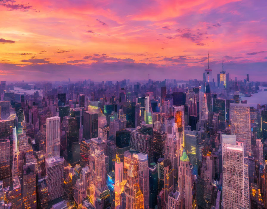 City skyline at sunset with vibrant pink and purple clouds and modern skyscrapers.