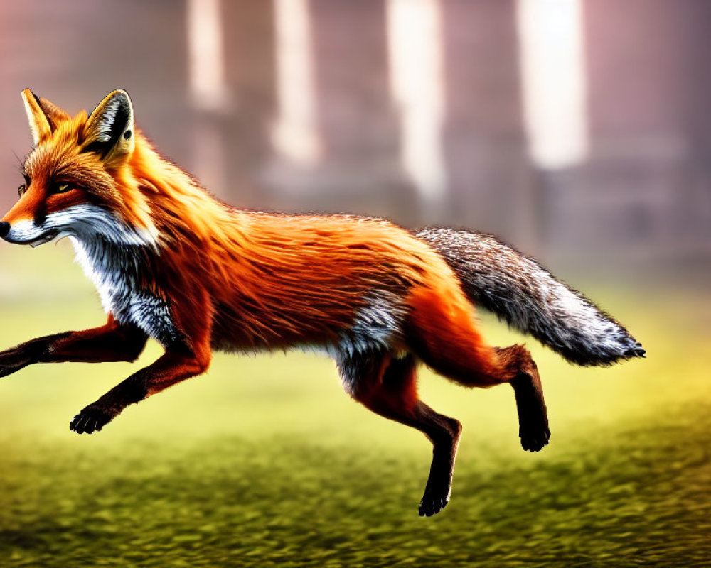 Red Fox Mid-Leap in Misty Woods and Sunlit Meadow