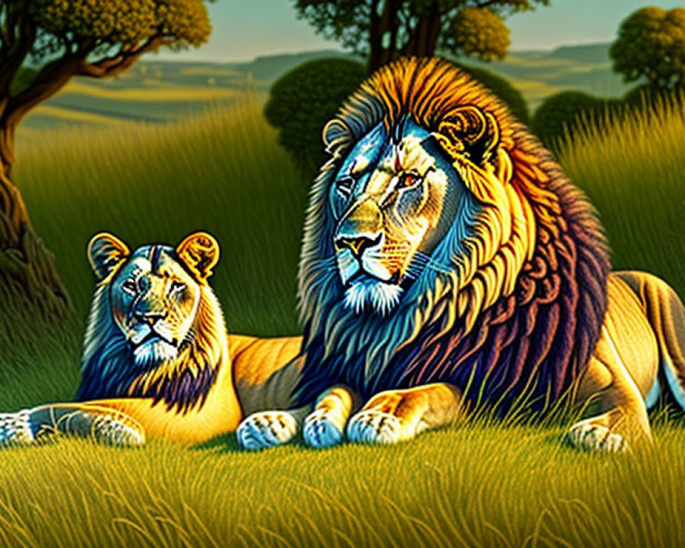 Male and female lions resting on green plain with rolling hills in the background