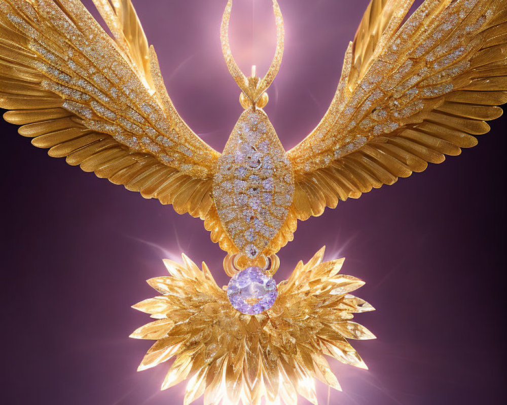 Golden Winged Pendant with Purple Gemstone on Radiant Purple Background