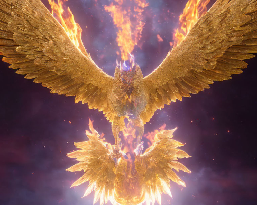 Majestic fiery phoenix with glowing wings in starry night sky