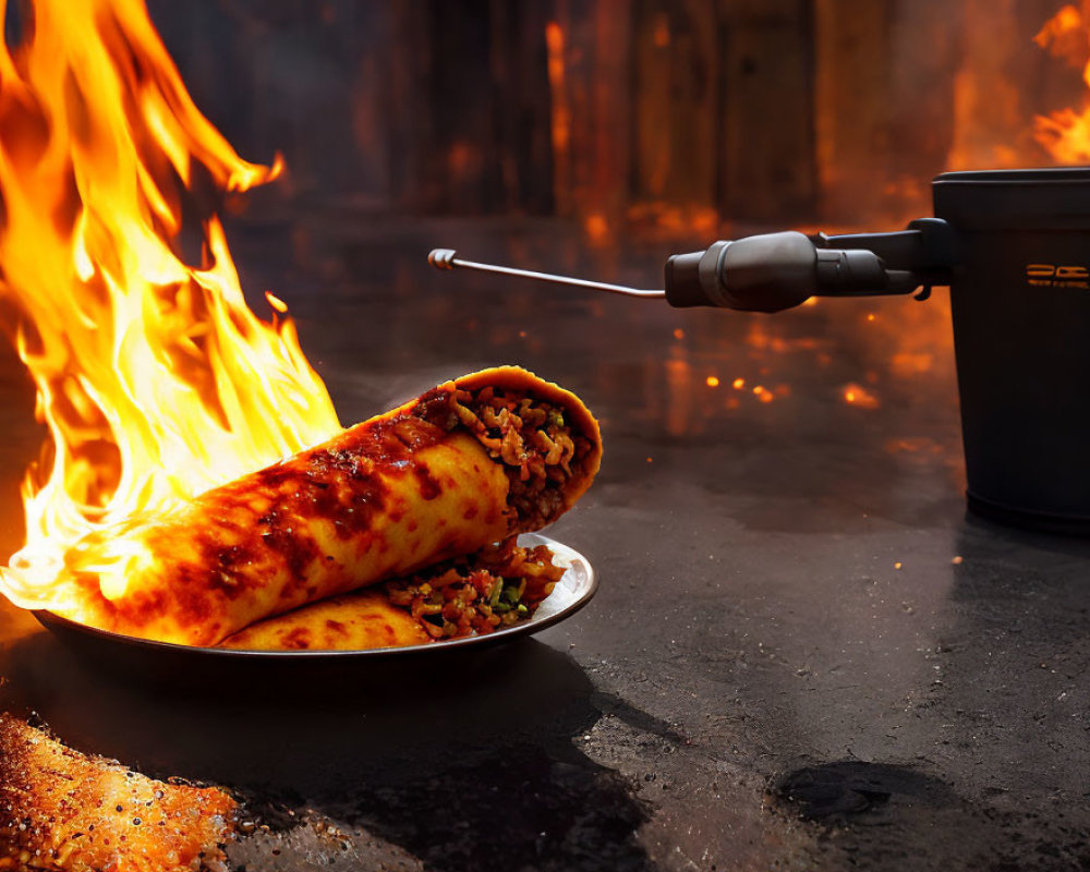 Stuffed burrito on plate by open flame and cooking pot - outdoor cooking scene