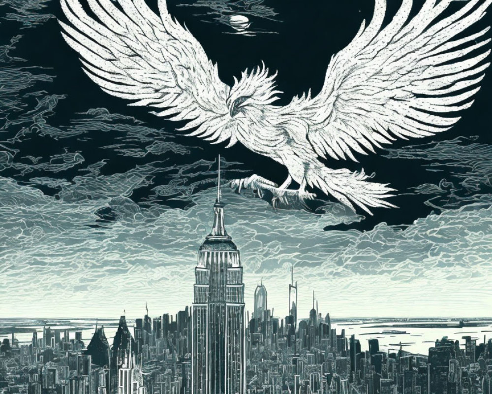 Mythical bird flying over New York City skyline