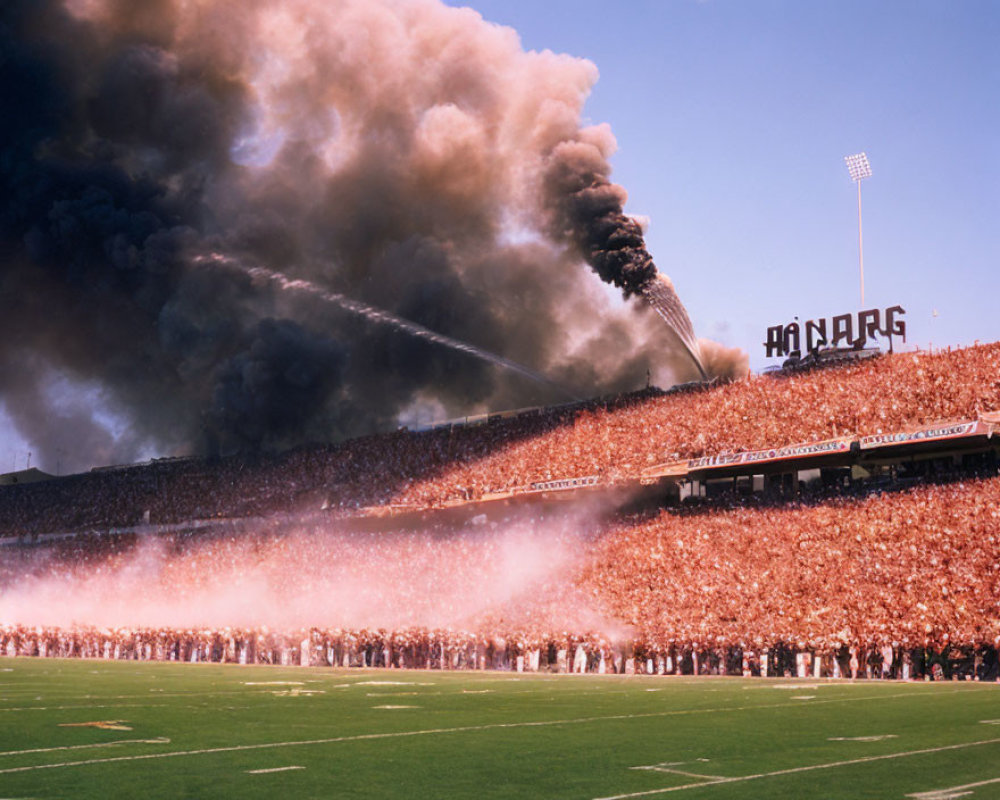 Crowded Stadium with Firefighting Efforts and Smoke on Clear Day