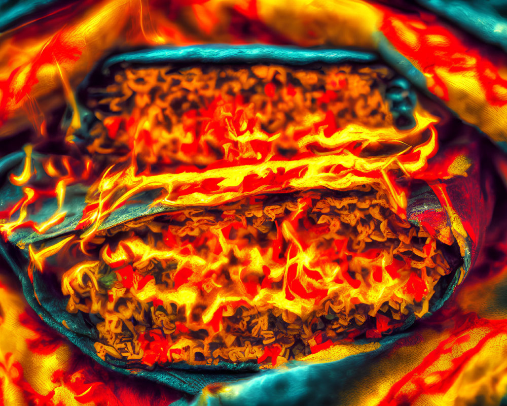 Vivid Abstract Image of Fiery Sandwich in Intense Reds, Oranges, and Yellows