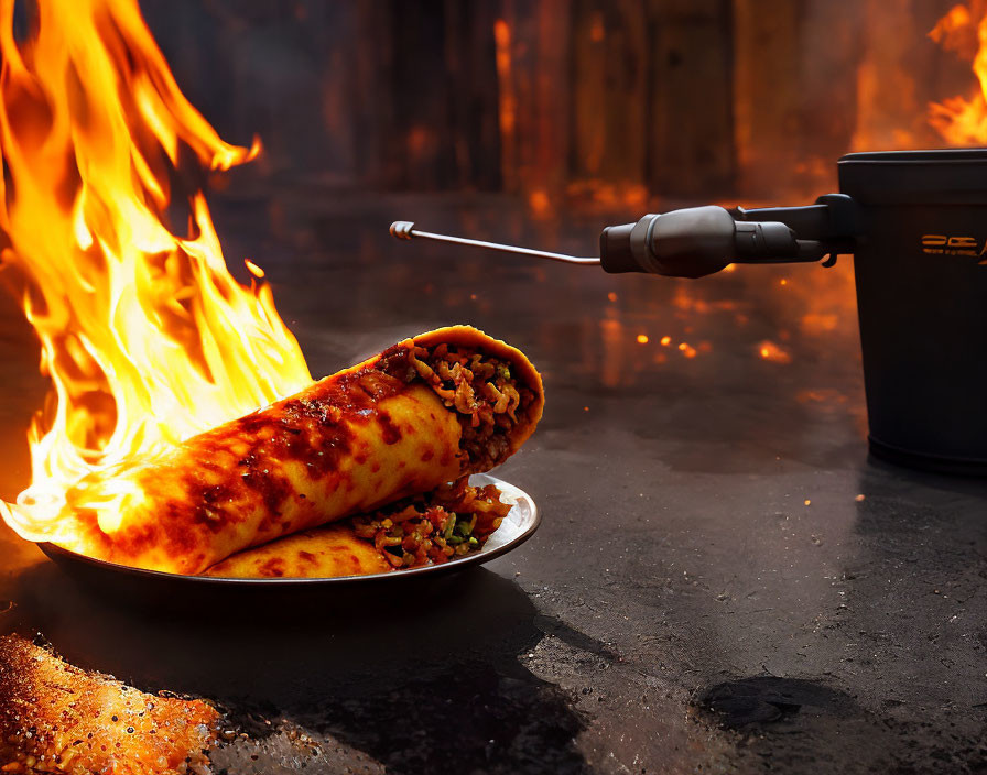 Stuffed burrito on plate by open flame and cooking pot - outdoor cooking scene