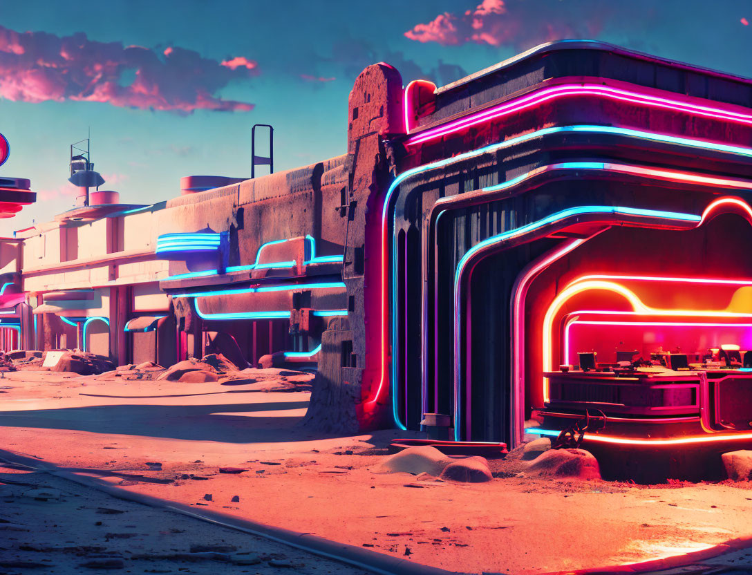 Futuristic neon-lit building with retro design in desert setting.