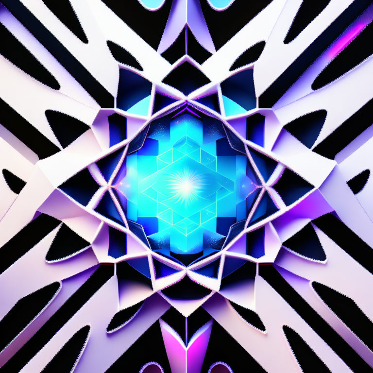 Symmetrical Fractal Pattern in Neon Blue and Purple Tones