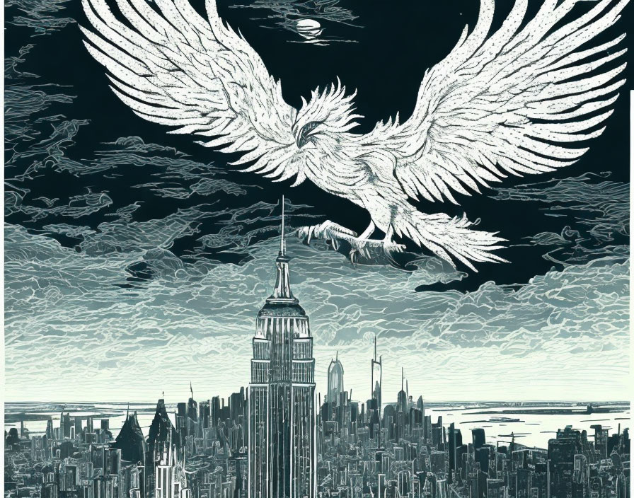 Mythical bird flying over New York City skyline