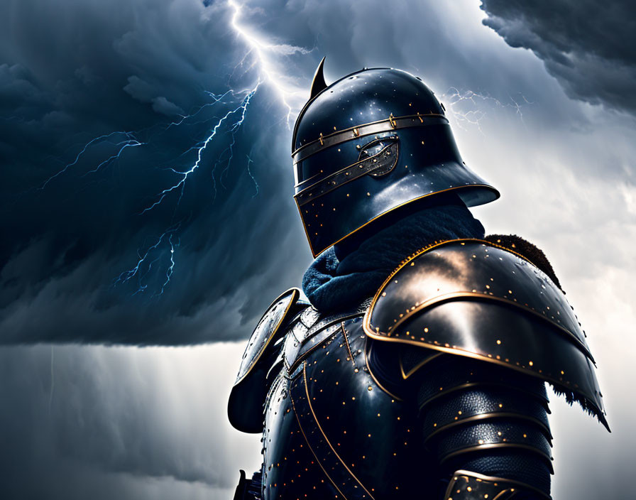 Knight in shining armor under stormy sky with lightning bolt