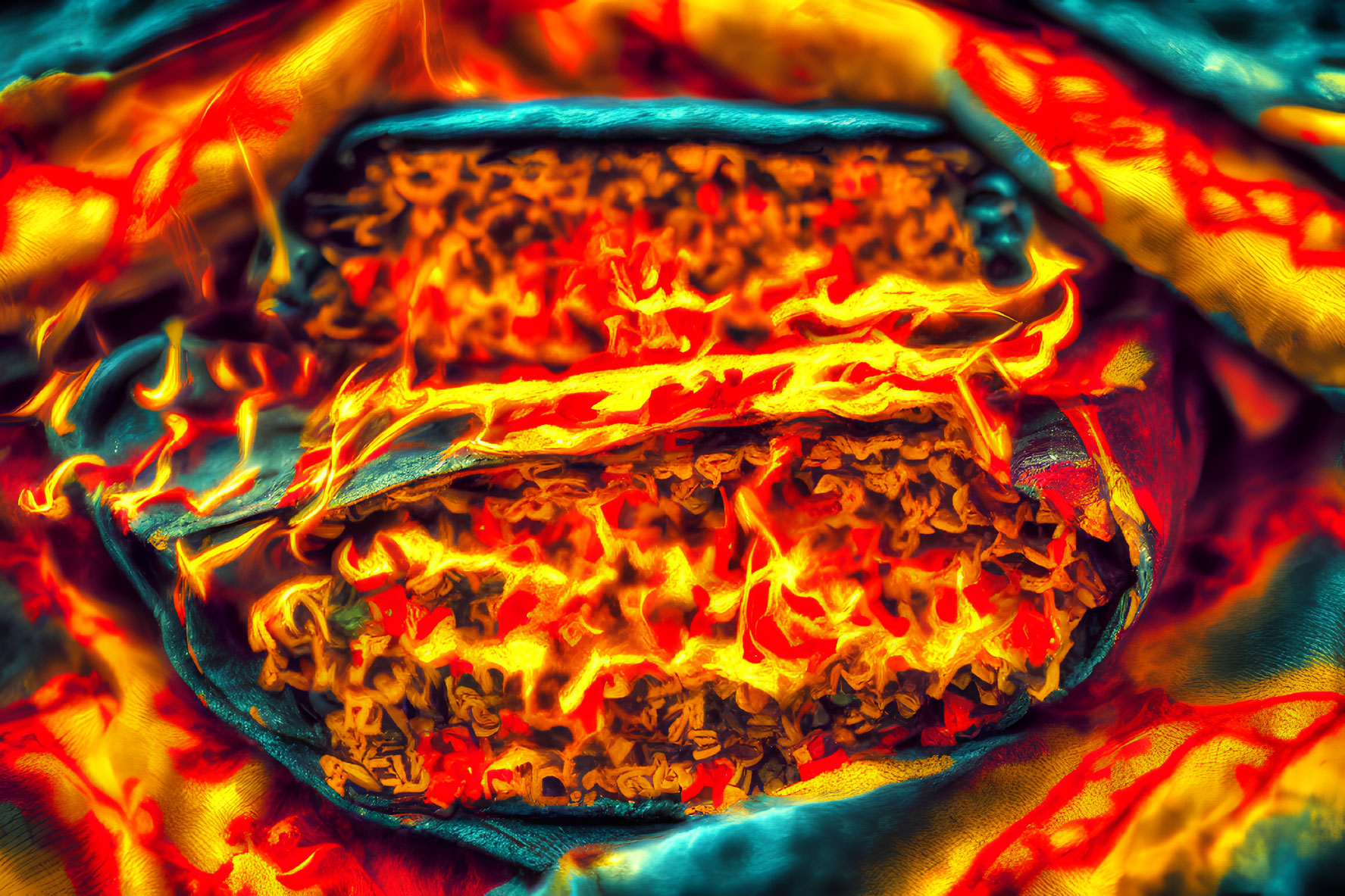 Vivid Abstract Image of Fiery Sandwich in Intense Reds, Oranges, and Yellows