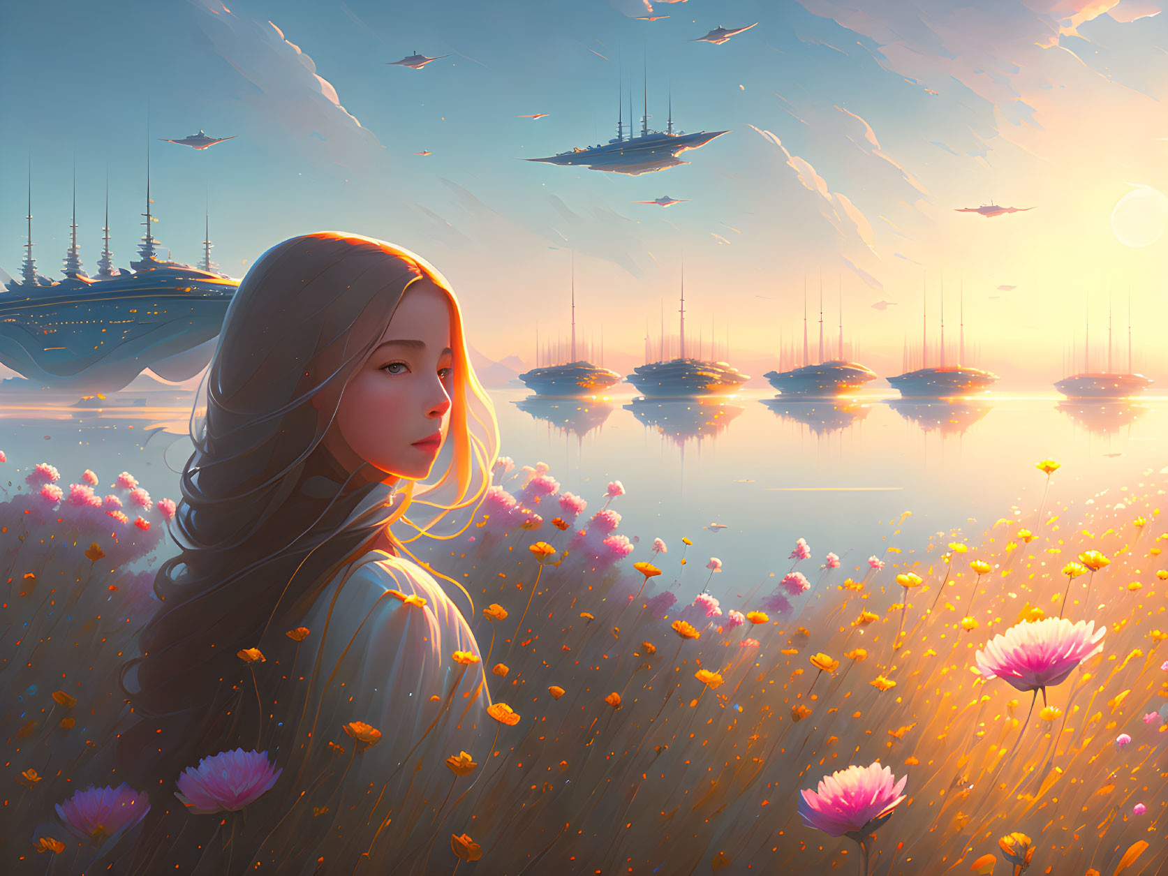 Woman in flower field with futuristic ships under glowing sun