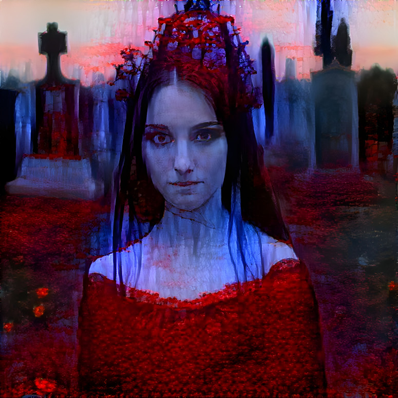 Beautiful gothic brunette stands in the cemetery a