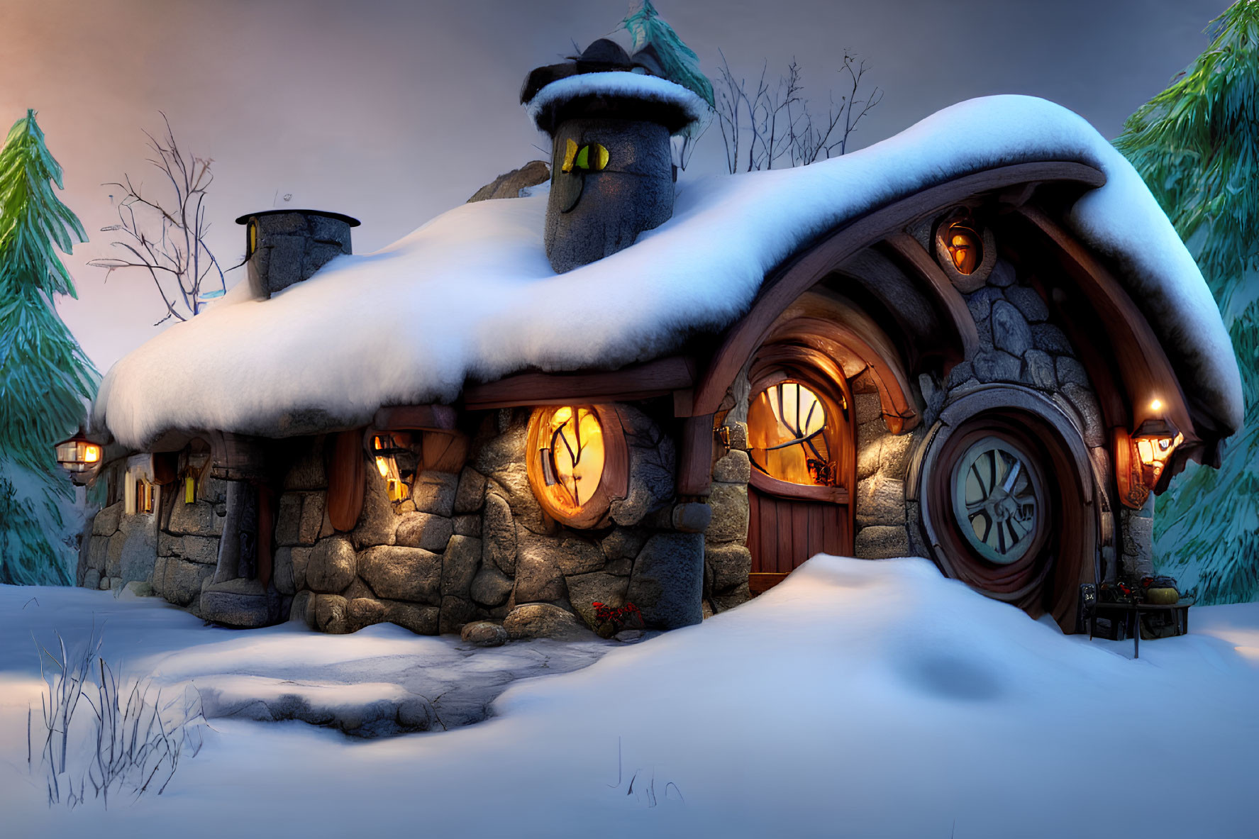 Snow-covered stone cottage with glowing windows in winter dusk