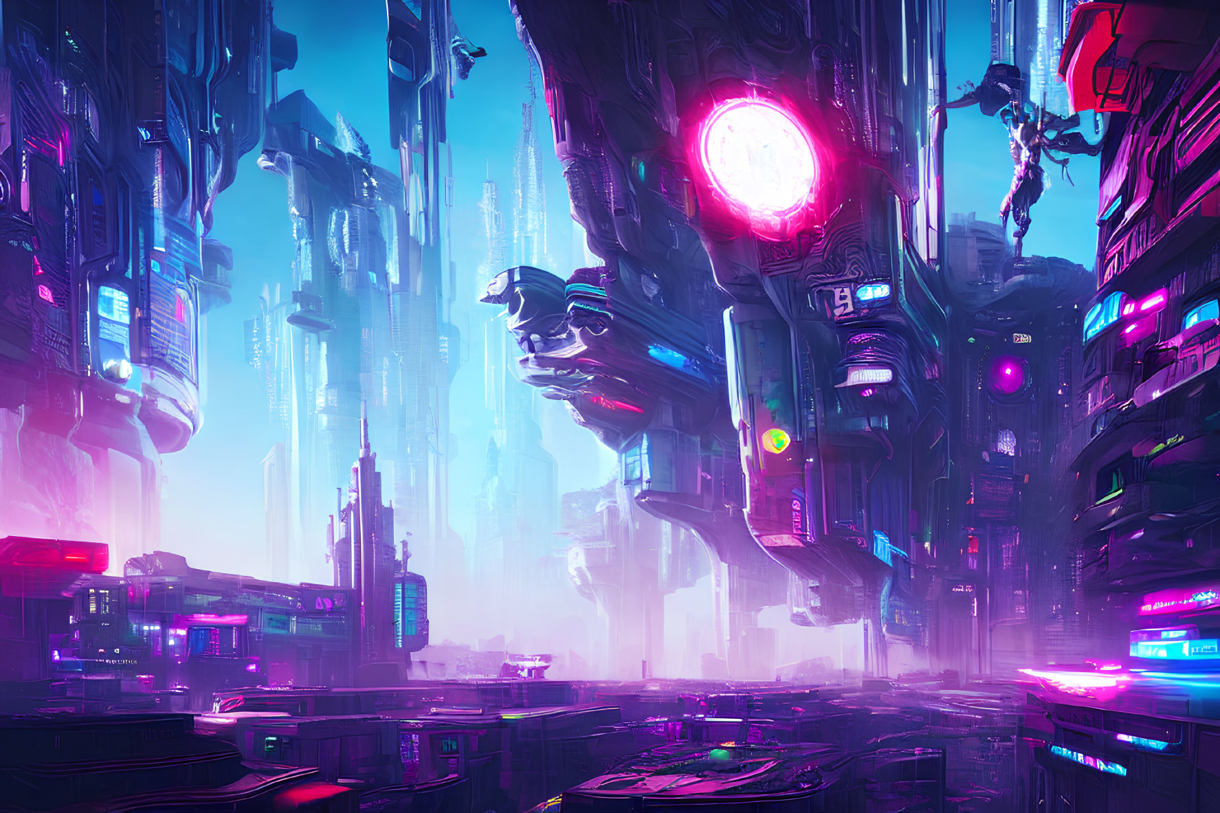 Futuristic cyberpunk cityscape with neon skyscrapers & glowing orb