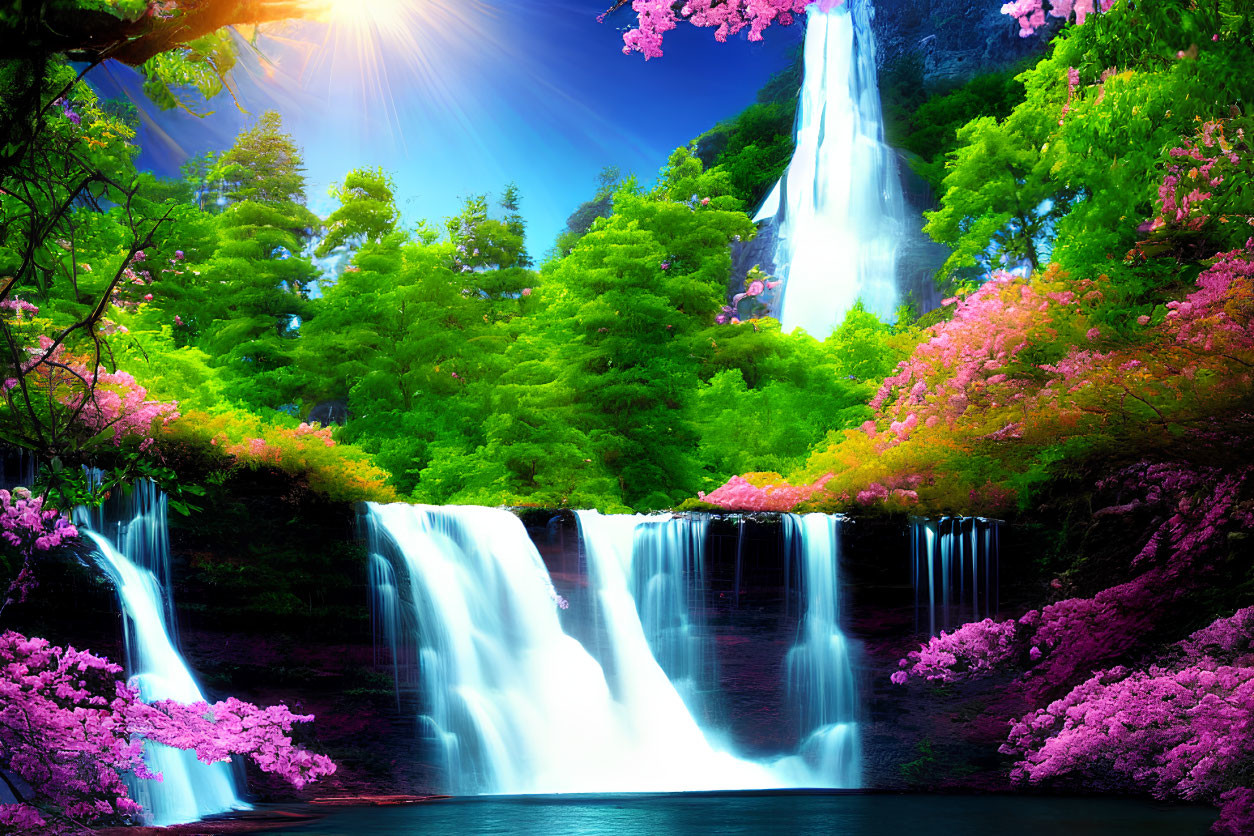 Scenic landscape with cascading waterfall and blooming trees