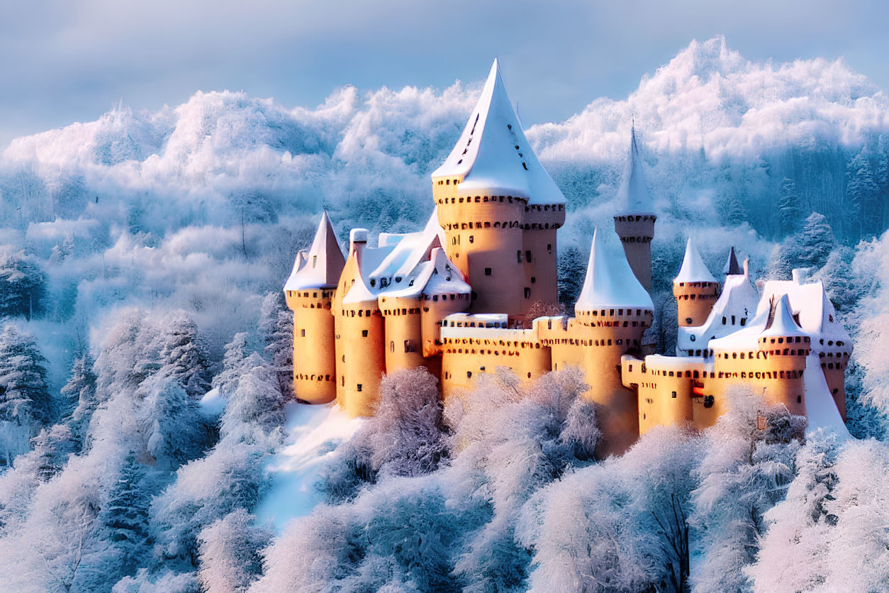 Enchanting fairytale castle with spires in snowy forest landscape