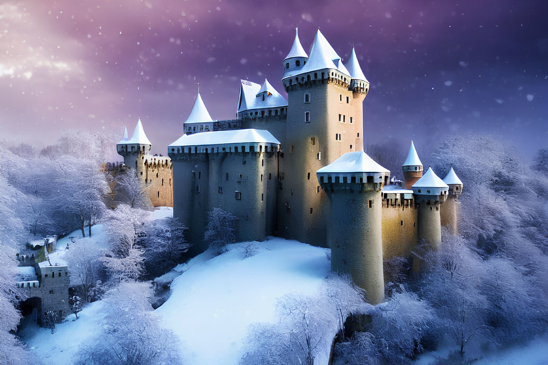 Snow-covered trees and castle under starry sky with glowing lights