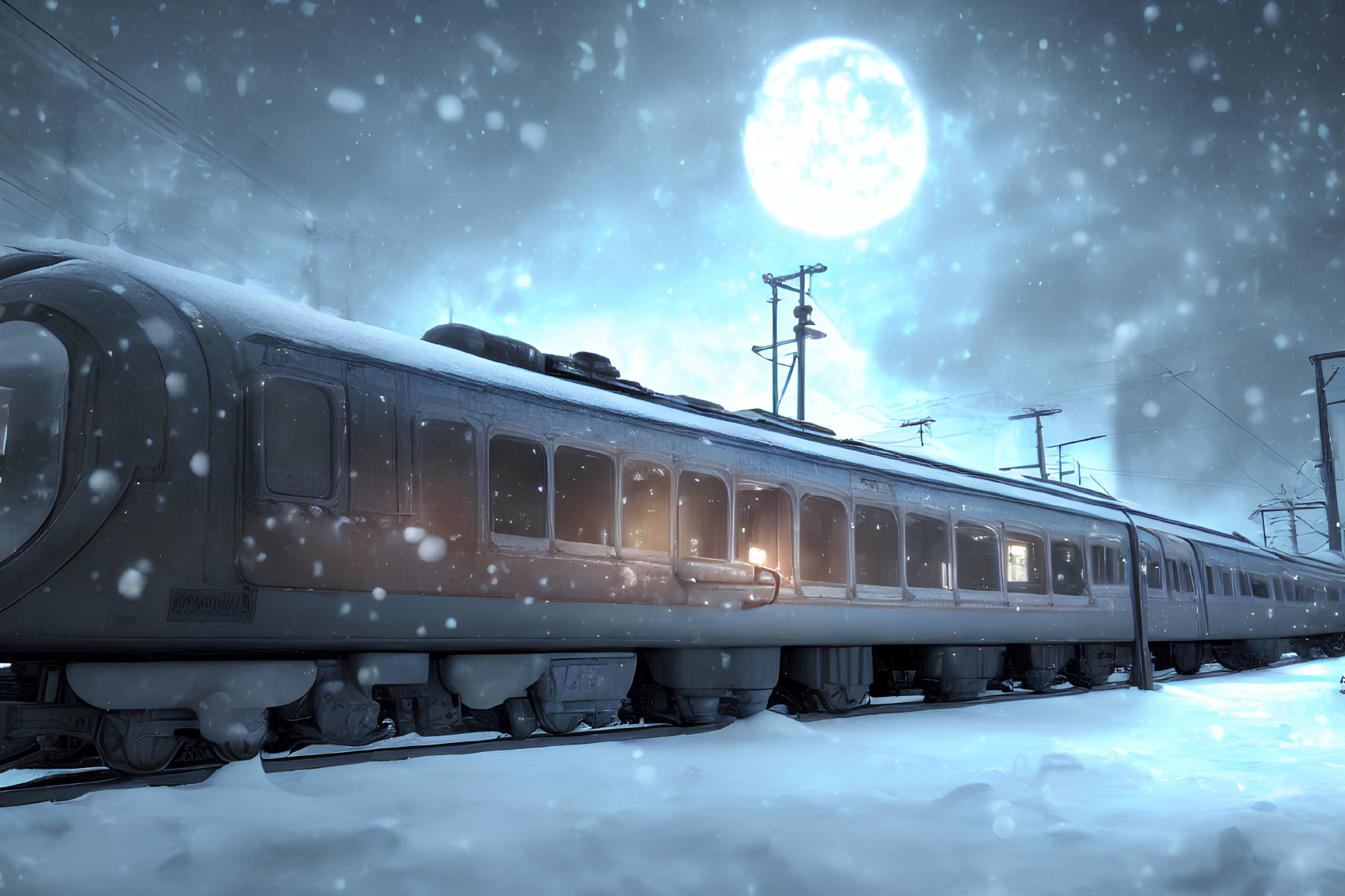 Passenger train under full moon on snowy night with glowing windows